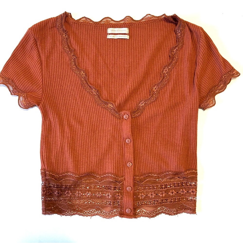 Urban Outfitters Button Front Lace Trim Crop Top Burnt Orange size Small